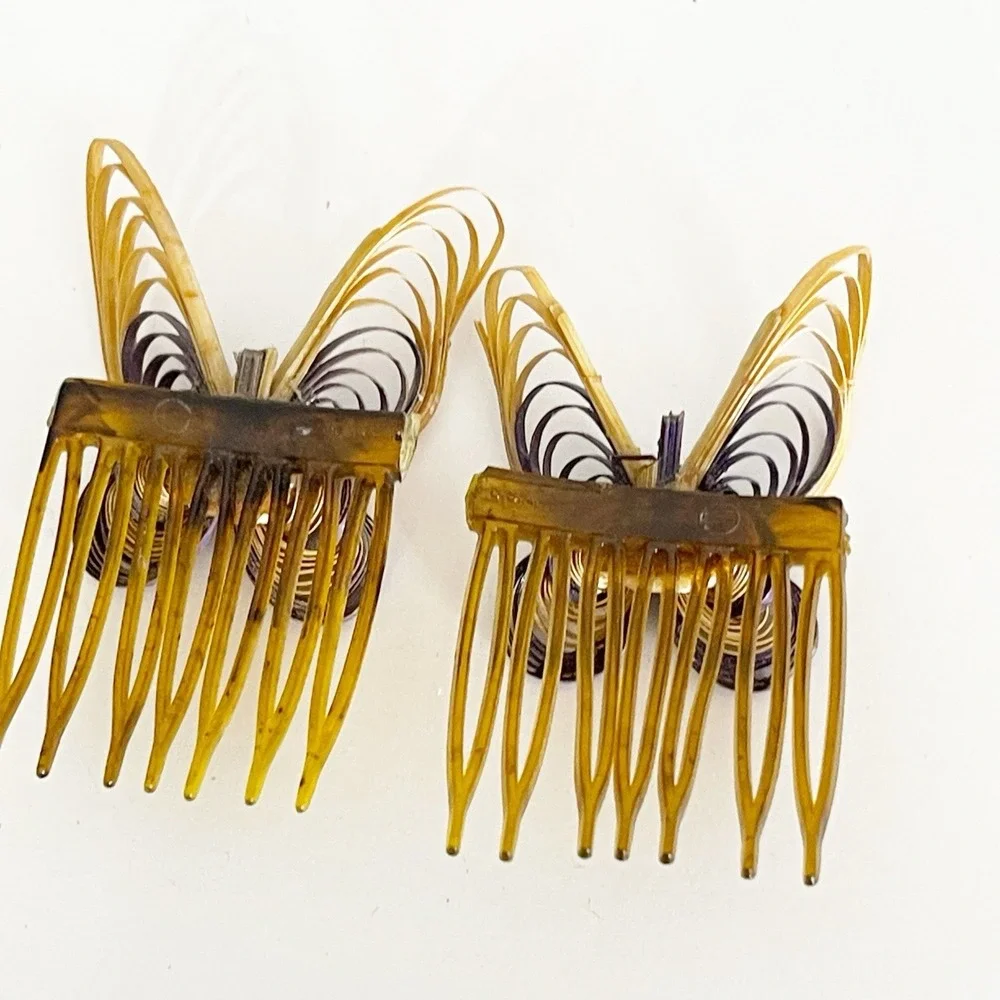 Vintage 80s Wooden Butterfly Comb Clips Set of 2 Plastic Nostalgia Casual Cutie